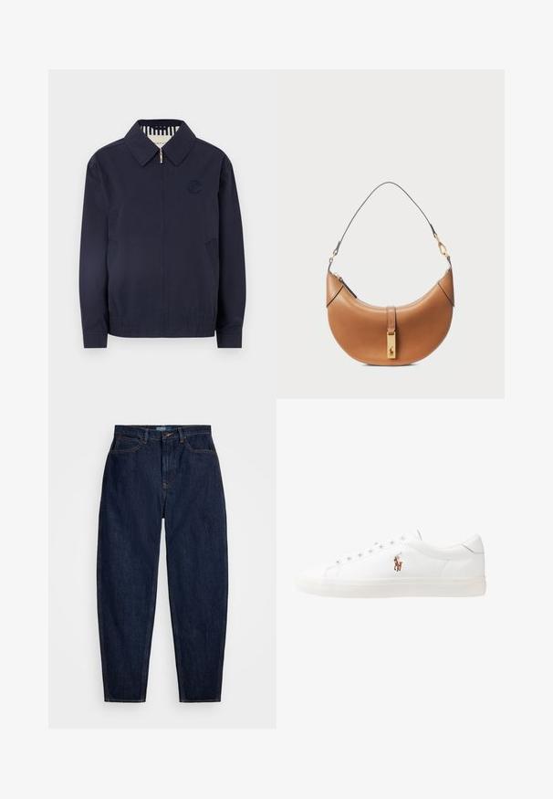 Navy blue bomber jacket with a zipper, collar, embroidered logo on the chest, and elastic cuffs. Features side pockets and a striped lining.; White short-sleeve t-shirt made of ribbed fabric. Round neckline, regular fit, and subtle stitching details. No patterns or graphics.; Dark blue denim jeans with a straight-leg fit, featuring orange stitching, a front button closure, and five pockets.; White leather sneakers, low-top design, featuring a smooth texture, round toe, laced front, and a small embroidered logo on the side.; Tan leather handbag with a curved shape, gold hardware, and a thin shoulder strap. Features a zipper closure and logo detail on the front.