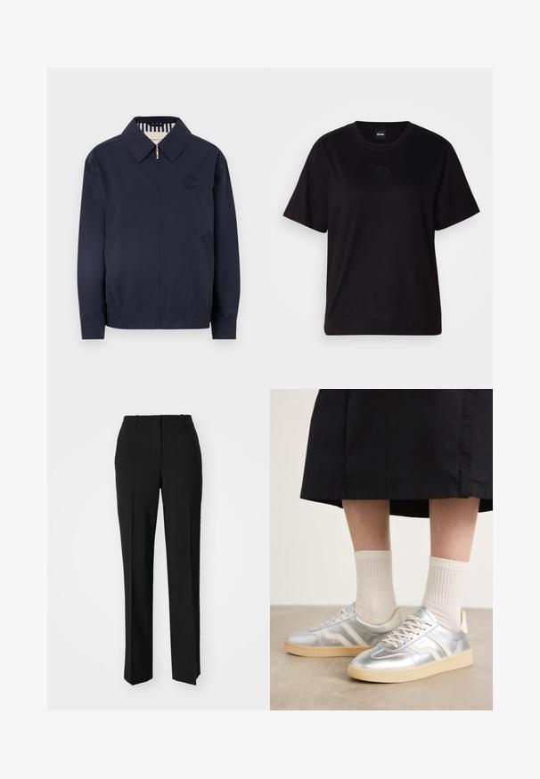 Marineblaue Bomberjacke mit Reißverschluss, Kragen, gesticktem Logo auf der Brust und elastischen Bündchen. Mit Seitentaschen und gestreiftem Futter.; Schwarzes Baumwoll-T-Shirt mit Rundhalsausschnitt, kurzen Ärmeln und aufgesticktem Logo auf der Brust. Einfacher, lässiger Schnitt ohne Muster.; Schwarze, taillierte Hose mit geradem Bein, aus einem glatten Stoff und mit klaren Falten an der Vorderseite. Keine sichtbare Hardware.; Silberne synthetische Turnschuhe mit weißen Streifen, cremefarbener Sohle und strukturiertem Material; kombiniert mit hellen gerippten Socken und einem schwarzen Rock.