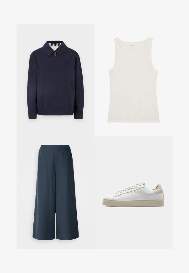 Jachetă bomber albastru închis, cu fermoar, guler, logo brodat pe piept și manșete elastice. Include buzunare laterale și o căptușeală în dungi.; Top din bumbac alb, fără mâneci, cu un decolteu larg și bretele subțiri. Textură netedă, fără modele sau embellismente vizibile.; Pantaloni cu picioare largi de culoare bleu marin, dintr-un material ușor. Caracteristici o suprafață ușor texturată, talie elastică și cusături frontale.; Adidași din piele albă cu finisaj neted, accente din suede bej, vârf rotund, design cu șireturi plate și talpă din cauciuc texturat.