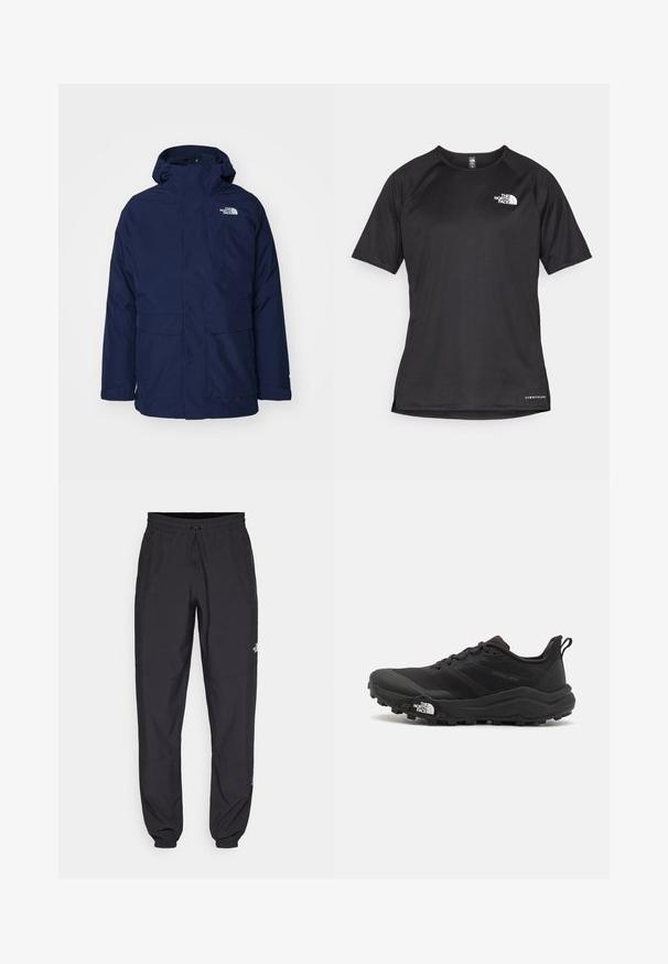 The North Face SARNEN GORE-TEX TRICLIMATE THREE IN ONE - Vízálló dzseki - eagle blue; Fekete, rövid ujjú sportpóló struktúrált anyagból, bal mellen fehér logóval és egyenes aljjal.; Fekete sportnadrág, könnyű anyagból készült, húzózsinóros derékkal, oldalsó zsebekkel és szűkített szárakkal a bokáknál.; Fekete terepfutó cipő, textúrált felső résszel, gumitalppal és megerősített lábujjrészével. Párnázott bokarésszel és húzófüllel rendelkezik a könnyű felhúzáshoz.