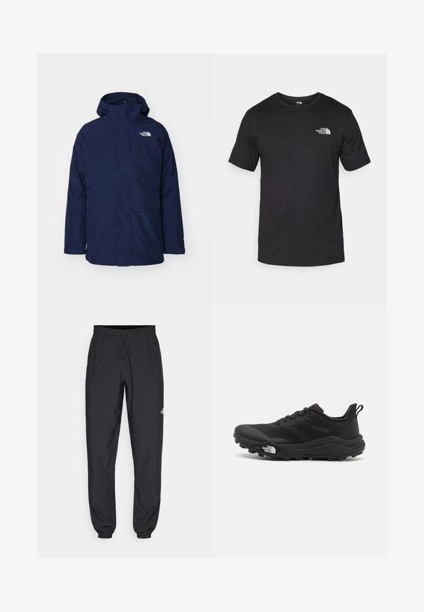 The North Face SARNEN GORE-TEX TRICLIMATE THREE IN ONE - Vandeniui atspari striukė - eagle blue; Juodas trumpas rankovės marškinėliai, pagaminti iš medvilnės, su apvaliu kaklu ir mažu baltu logotipu viršutiniame kairiajame krūtinės kampe.; Juodos sportinės kelnės, pagamintos iš lengvos medžiagos, su raišteliu liemens srityje, šoniniais kišenėmis ir siaurėjantys apykaklės prie kulkšnies.; Juoda bėgimo batai su tekstūruotu paviršiumi, guma padais ir sustiprinta pirštų dalimi. Yra paminkštinta apykaklė ir kilpos, leidžiančios lengvai užsidėti.