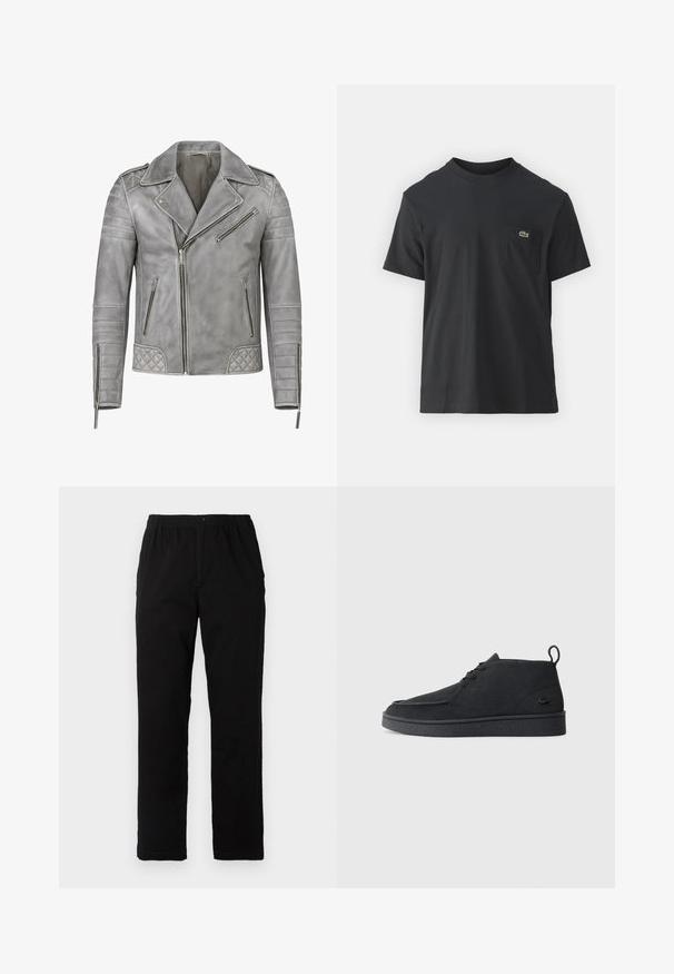 CYCAS D'OR JORDAN PERFECTO - Leren jas - moon grey; Zwarte katoenen t-shirt met korte mouwen, ronde halslijn en een klein groen logo op de linkerkant van de borstzak. Eenvoudig ontwerp, normale pasvorm.; Zwarte broek van een katoenmix, met een rechte snit, een elastische tailleband met knoop en zonder zichtbare patronen of accenten.; Zwarte suède veterschoenen tot de enkel met een trekband en een gestructureerde zool, met een klein reliëf krokodillenlogo aan de zijkant.