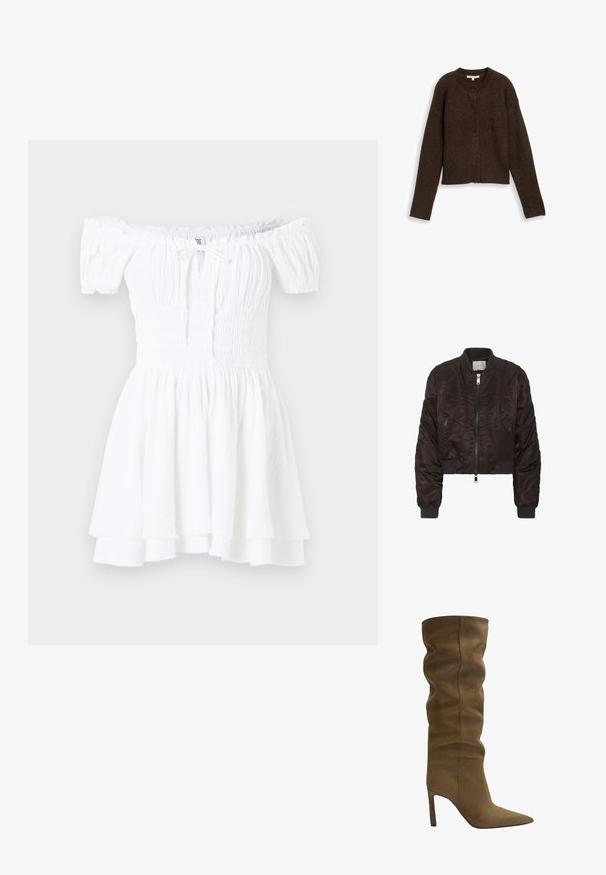 Donkerbruine bomberjack van glad satijn. Voorzien van een ritssluiting aan de voorkant, geribde manchetten en zijritszakken. Cropped ontwerp met een gewatteerde textuur.; Bruine geribde cardigan met een ronde halslijn, lange mouwen en vijf knopen aan de voorkant. Zachte textuur en verkorte stijl.; Witte off-the-shoulder jurk met gerimpeld lijfje, korte pofmouwen en gelaagde ruches aan de zoom. Gemaakt van lichtgewicht, gestructureerde stof.; Olijfgroene suède kniehoog laars met een puntige neus, een slouchy bovenkant ontwerp en een stiletto hak, met zichtbare stikdetails.