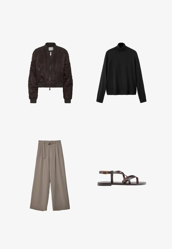 Dunkelbraune Bomberjacke aus glattem Satinmaterial. Mit Reißverschluss vorne, gerippten Bündchen und seitlichen Reißverschlusstaschen. Kurzes Design mit gepolsterter Textur.; Schwarzer Rollkragenpullover aus Strickmaterial mit langen Ärmeln, engem Kragen und leicht gekürztem Saum. Glatte Textur, einfarbig.; Weite Hose aus einem weichen, gedämpften grauen Stoff, mit einem taillierten Bund und Falten für zusätzliche Design-Details. Glatte Textur, keine Muster.; Braune Leder-Sandale mit überkreuzten Riemen, einem Knöchelriemen mit Schnalle und einer flachen Sohle mit minimalen Nähdetails.