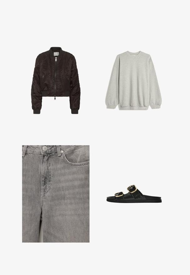 Tmavě hnědá bomber bunda vyrobená z hladkého saténového materiálu. Obsahuje zip v přední části, žebrované manžety a boční zipové kapsy. Zkrácený střih s vycpanou strukturou.; Šedá mikina vyrobená z měkké látky, s kulatým výstřihem, dlouhými rukávy s elastickými manžetami a volným střihem. Bez vzorů nebo akcentů.; Šedé denimové džíny s hladkou texturou, který mají přední zapínání na knoflík a zip, boční kapsy a jemné prošívací detaily.; Černé kluzné sandály s dvěma zlatými sponami, hladkým texturovaným materiálem, plochou podrážkou a minimalistickým designem.