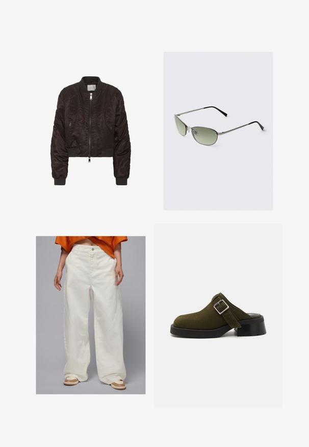 Mörkbrun bomberjacka i slät satinmaterial. Har dragkedja fram, ribbade ärmslut och sidofickor med dragkedja. Kort modell med vadderad textur.; Ärmlös ljusgrön topp gjord av slät tyg, med hög urringning och en figurnära silhuett. Inga synliga detaljer eller mönster.; Breda vita denimbyxor med sidofickor och rak skärning, med knappstängning och kontrasterande sömdetaljer.; Olivgrön mocka mule med en låg, kraftig svart klack. Har en sidrem med en silverfärgad spänne för justering. Slät struktur överlag.; Metallbågar med avlånga gröna linser, smal silverram och svarta tempelskydd. Har små näskuddar för komfort.