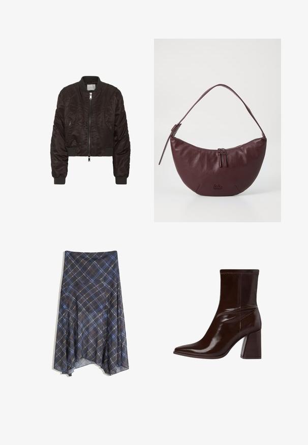 Dunkelbraune Bomberjacke aus glattem Satinmaterial. Mit Reißverschluss vorne, gerippten Bündchen und seitlichen Reißverschlusstaschen. Kurzes Design mit gepolsterter Textur.; Schwarz langärmliges Shirt mit weitem Ausschnitt, aus weichem Stoff gefertigt, mit einer taillierten Passform und minimalen Nähten.; Schwarzer Karorock mit blauen und braunen Linien, fließendes Design, knielang, aus leichtem Stoff mit glatter Textur.; Braune Lackleder-Stiefelette mit spitzem Zehenbereich, elastischem Knöchel und blockartigem Absatz. Elegantes Design mit glatter Textur.; Bordeauxfarbene Lederhandtasche mit geschwungenem Design, ausgestattet mit einem Reißverschluss, zwei Reißverschlussanhängern und einem kurzen Schultergurt. Details umfassen ein geprägtes Logo.