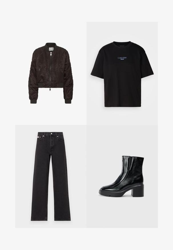 Mørkebrun bomberjakke lavet af glat satinmateriale. Har lynlås foran, ribbede manchetter og sidelommer med lynlås. Kort design med polstret tekstur.; Sort bomulds t-shirt med rund hals, korte ærmer og blåt broderet "Calvin Klein JEANS" logo på fronten.; Sorte vidde jeans lavet af denim, med høj talje, fem-lomme stil og en metalknap lukning med kontrasterende syninger.; Sorte patenterede læderankelstøvler med en buet tå, elastiske sidepaneler og en kraftig blokhæl. Har et præget logo på bagsiden.
