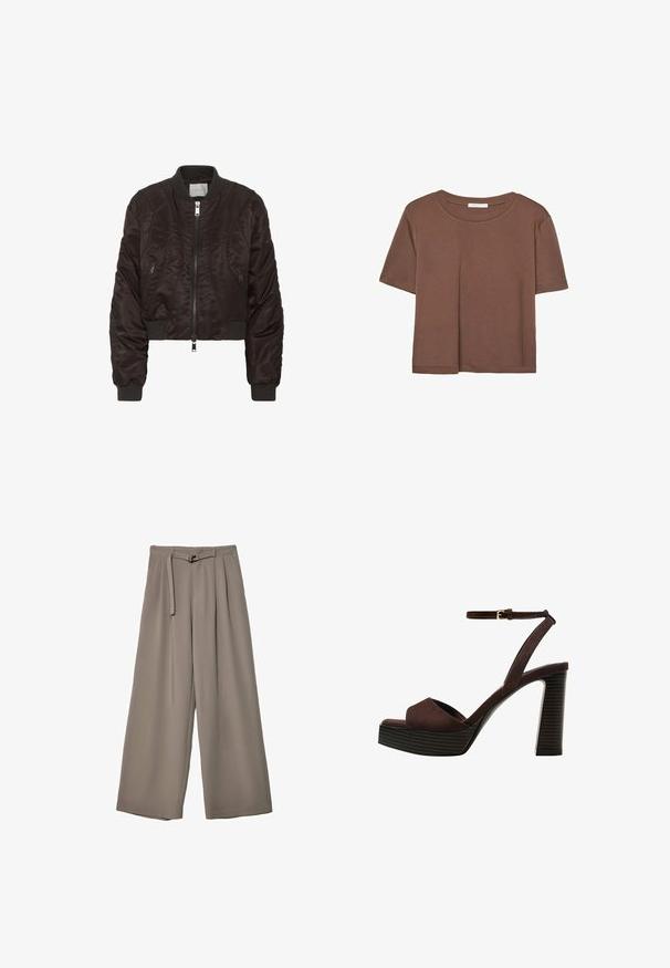 Tummanruskea bomber-takki on valmistettu sileästä satiinikankaasta. Siinä on vetoketjulla varustettu etuosa, ribbaus hihansuissa ja sivutaskut vetoketjulla. Lyhyt malli, jossa on pehmeä täyte.; Kahvinsävyinen lyhythihainen t-paita, joka on valmistettu pehmeästä kankaasta. Pyöreä pääntie ja rento malli. Ei näkyviä kuvioita tai koristeita.; Suurille lahkeille housuille pehmeässä, hillityssä harmaassa kankaassa, jossa on vyötäröllä vyö ja lisää muotoilun yksityiskohtia kuploissa. Sileä rakenne, ei kuvioita.; Ruske kožne sandale s visokom potpeticom, otvorenim prstima, podesivim kopčanjem oko gležnja i prugastim platformskim đonom.