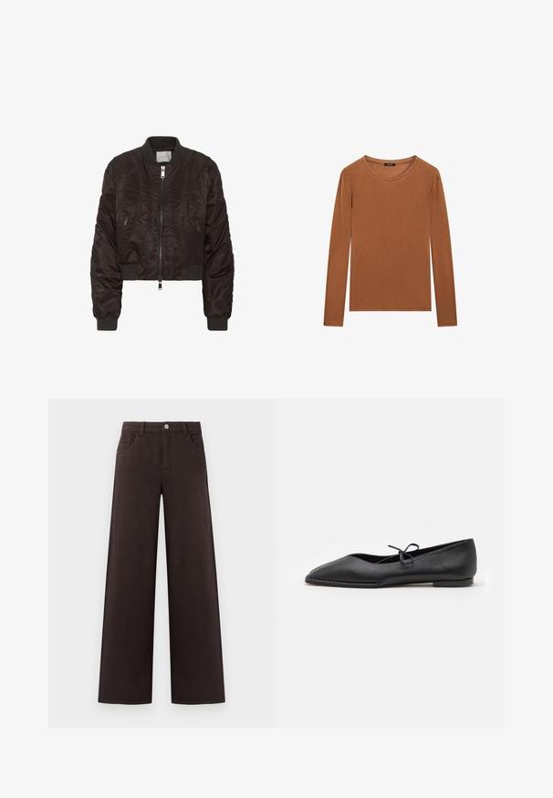 Mørkebrun bomberjakke lavet af glat satinmateriale. Har lynlås foran, ribbede manchetter og sidelommer med lynlås. Kort design med polstret tekstur.; Massimo Dutti WITH NECKLINE DETAIL - Langærmet T-shirt - ochre; Vidde benbukser i mørkebrun bomuldsstof. Har en knaplukning og forlommer, samt en glat tekstur og rene linjer.; ALOHAS SWAY - Ballerinasko - black
