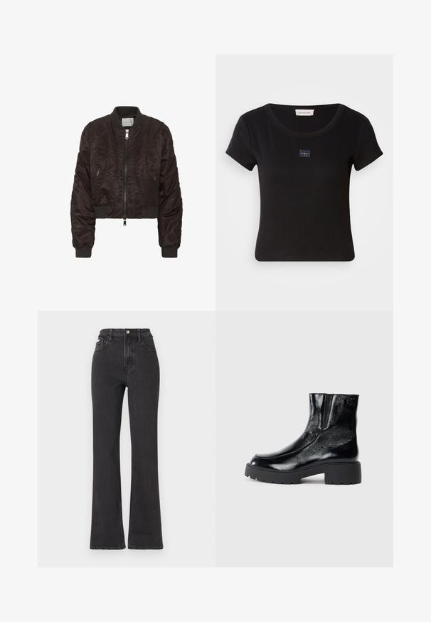 Sötétbarna bomber dzseki sima szatén anyagból. Cipzáros elülső rész, bordás mandzsetták és oldalsó cipzáros zsebek jellemzik. Tömörített dizájn, rövidített fazon.; Fekete, rövid ujjú póló bordázott textúrával, kis logó felvarrással a mellkason és kerek nyakkivágással.; Fekete, magas derekú, trapéz fazonú farmernadrág, gombos záródással, övrésszel és oldalsó zsebekkel. Sima textúrájú, minimális kopással.; Fekete bokacsizmák fényes lakkbőr felülettel, vastag fekete gumitalppal és megemelt sarokkal; oldalon diszkrét logó részlettel.