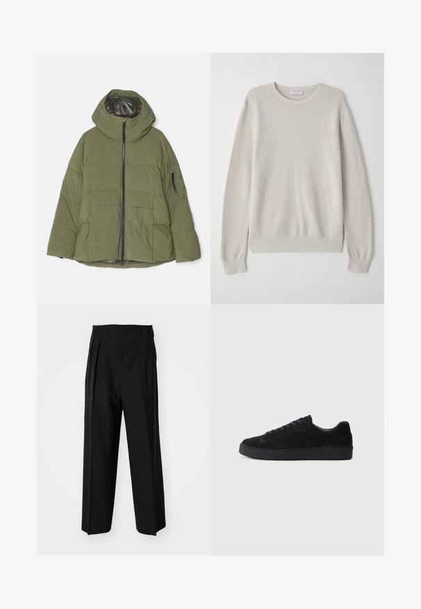 Dondup PUFFY JACKET - Winterjacke - forest green; Helles beige Sweatshirt aus weichem Strickstoff. Rundhalsausschnitt, lange Ärmel, gerippte Bündchen und Saum mit subtilen Texturdetails.; Schwarze, plissierte Hose mit geradem, weitem Bein. Hergestellt aus glattem Stoff, mit Knopfverschluss und Gürtelschlaufen.; Schwarze Wildleder-Sneaker mit flacher, strukturierter Sohle, rundem Zehenbereich, sechs Ösen für Schnürsenkel und minimalistischen Design.