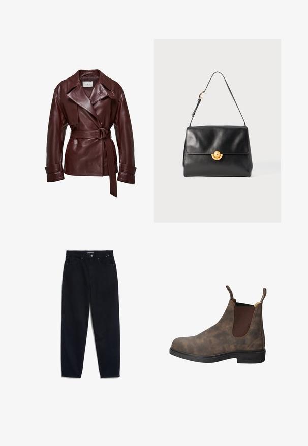 Burgunderfarbene Lederjacke mit tailliertem Gürtel, breiten Revers und geknöpften Manschetten; glatte Textur mit glänzendem Finish.; Helle beigefarbene Sweatshirt mit Rundhalsausschnitt, langen Ärmeln und einem cropped Design; zeigt den Schriftzug "POLO CLUB" und "ESTABLISHED 2012" in navy und rotem Text.; Langarmhemd mit Knöpfen, aus leichtem Stoff, mit vertikalen Streifen in Marineblau und Creme, einem abgerundeten Saum und einer Brusttasche.; Schwarze Denim-Jeans mit geradem Bein, fünf Taschen-Design und Knopfverschluss. Der Stoff hat eine glatte Textur und minimale sichtbare Nähte.; Braune Leder-Ankle-Boots mit elastischen Seitenpanelen, strukturiertem Finish, runder Zehe und schwarzem Gummisohle. Ziehlaschen an der Schafthöhe für ein einfaches Anziehen.; Schwarze Lederhandtasche mit strukturiertem Design, flachem Deckel und goldenem, rundem Verschluss. Verfügt über einen einzelnen Schultergurt zum Tragen.