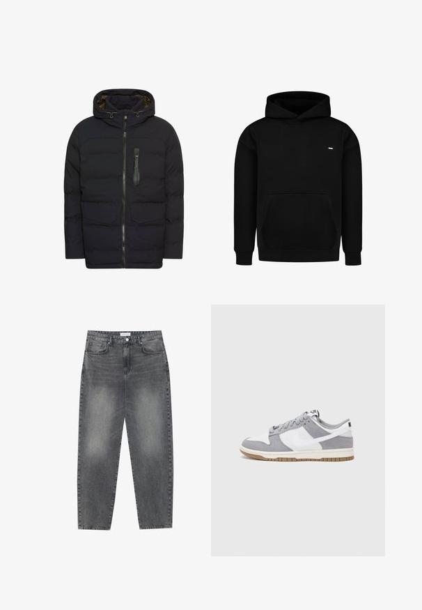 Marineblaue gepolsterte Jacke mit Kapuze, Reißverschluss, zwei Vorderäpfeln und einer Reißverschlusstasche auf der Brust. Sie präsentiert sich mit einer glatten Textur und einem modernen Design.; Schwarzer Hoodie aus einem Baumwollmischgewebe, mit einer Kängurutasche, gerippten Bündchen und einem kleinen Logo auf der Brust.; Hoch taillierte, locker sitzende Jeans aus verwaschenem schwarzem Denim. Verfügt über fünf Taschen, Gürtelschlaufen und ein sauberes, gerades Bein-Design.; Graue und weiße Sneaker mit einem Obermaterial aus Wildleder und Leder, abgerundeter Spitze, flachen Schnürsenkeln und einer Gummisohle mit einem Kautschukakzent.