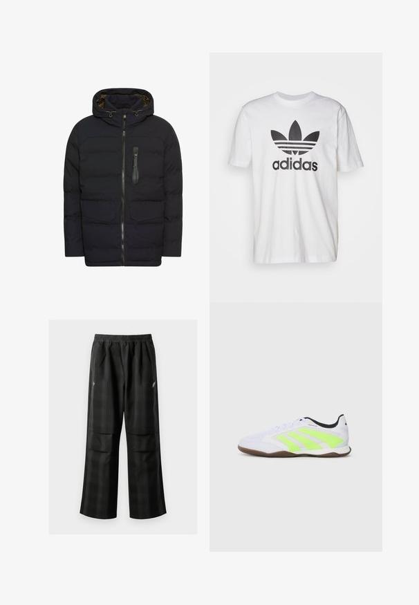 Marine gewatteerde jas met capuchon, ritsluiting, twee voorzakken en een ritszak op de borst. Heeft een gladde textuur en een modern ontwerp.; Witte katoenen t-shirt met een zwart Adidas-logo met een klaverontwerp en drie strepen. Korte mouwen, ronde halslijn en een comfortabele pasvorm.; Zwarte geruite broek met een elastische tailleband, twee voorzakken en een losse pasvorm met een rechte pijpdesign. Gemaakt van lichtgewicht materiaal.; Witte binnenvoetbalschoen met neongele strepen, zwarte binnenvoering en beige zool, gezien vanaf de linkerkant.