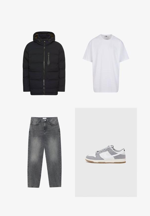 Marine gewatteerde jas met capuchon, ritsluiting, twee voorzakken en een ritszak op de borst. Heeft een gladde textuur en een modern ontwerp.; Witte katoenen t-shirt met korte mouwen, ronde hals, relaxte pasvorm en zonder zichtbare logo's of patronen. Gladde textuur en minimalistisch ontwerp.; Hoge taille, losvallende jeans van vervaagd zwart denim. Beschikt over vijf zakken, riemlussen en een schone, rechte broekspijp ontwerp.; Grijze en witte sneaker met een bovenwerk van suede en leer, ronde neus, platte veters en een rubberen zool met een gumaccent.