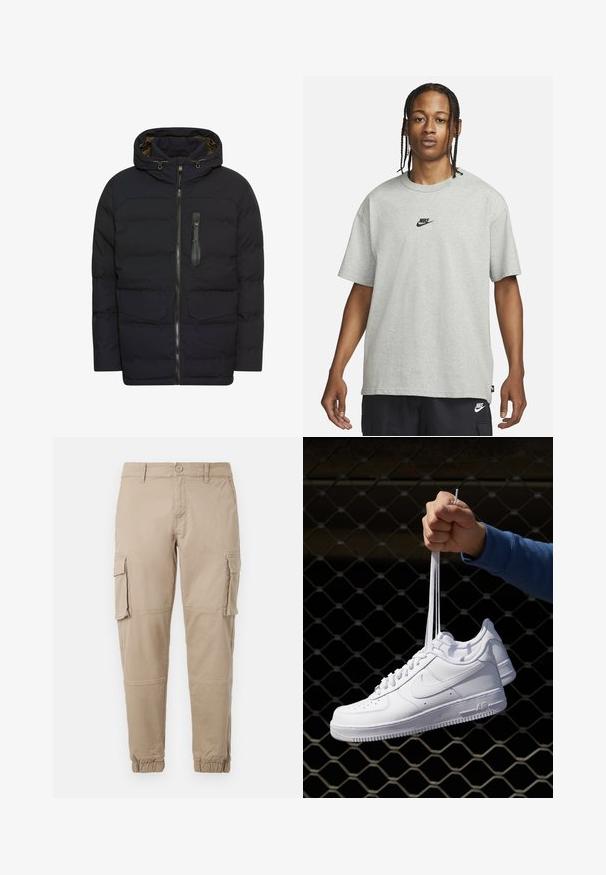 Marine gewatteerde jas met capuchon, ritsluiting, twee voorzakken en een ritszak op de borst. Heeft een gladde textuur en een modern ontwerp.; Jong persoon met gevlochten haar, gekleed in een lichtgrijs Nike T-shirt en zwarte Nike shorts tegen een effen witte achtergrond.; Beige cargobroek van lichtgewicht katoenen materiaal. Kenmerkend zijn de elastische boorden, meerdere zijzakken en een knoopsluiting.; Witte leren sneakers met perforaties, ronde neus, vlakke zool en dikke veters, met een zichtbare swoosh-logo en "AIR" op de hiel.