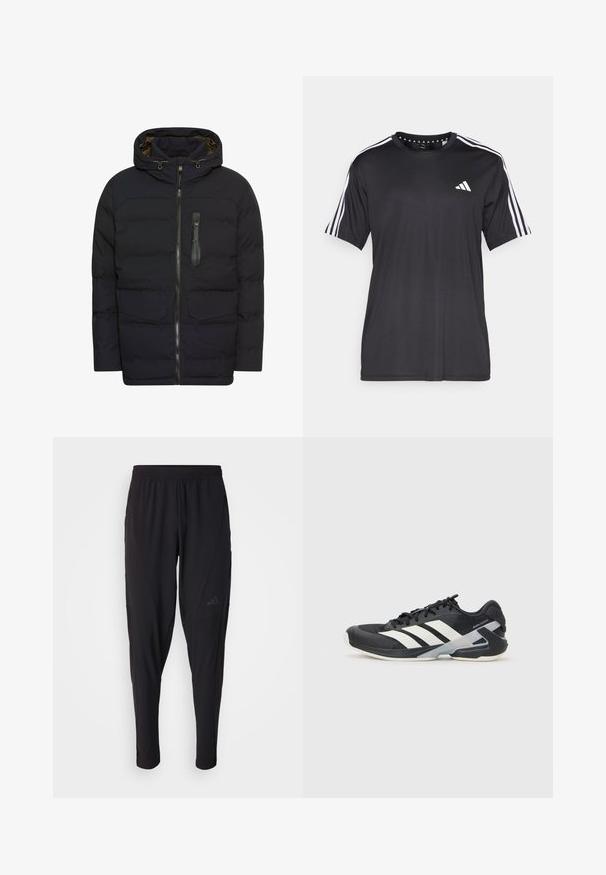 Marineblaue gepolsterte Jacke mit Kapuze, Reißverschluss, zwei Vorderäpfeln und einer Reißverschlusstasche auf der Brust. Sie präsentiert sich mit einer glatten Textur und einem modernen Design.; Schwarzes T-Shirt mit kurzen Ärmeln und weißem Dreistrichdesign an den Schultern sowie Logo auf der Brust. Hergestellt aus atmungsaktivem Stoff, glatte Textur.; Schwarze Sporthosen mit elastischem Bund, tailliertem Design, Seitentaschen und dezenten Logo-Details. Hergestellt aus flexiblem, atmungsaktivem Material.; Schwarzer Sportschuh mit weißen Streifen, Obermaterial aus Mesh, runde Zehenform und gepolstertem Sohlenteil. Verfügt über eine strukturierte Ferse und ein sicheres Schnürsystem.