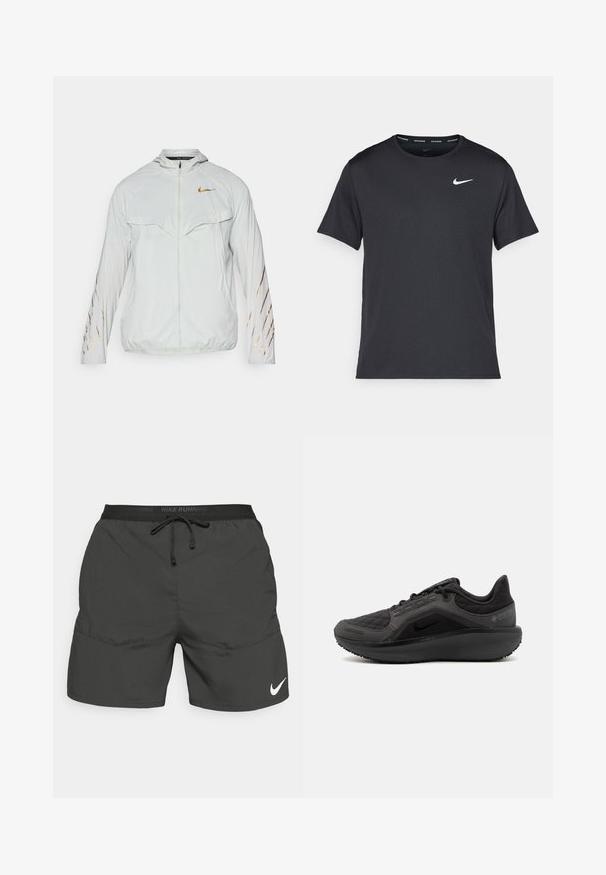 White lightweight jacket with a hood, featuring a gold Nike logo and diagonal gold stripes on the sleeves. Textured fabric, front zip closure.; Black Nike running T-shirt made of lightweight, breathable material, featuring short sleeves and a small white logo on the chest.; Black running shorts with an elastic waistband, drawstring, side pockets, and a white Nike logo on the lower left leg.; Black athletic shoe with a textured quilted upper, sleek design, and black rubber sole. Features a visible logo and Gore-Tex branding.