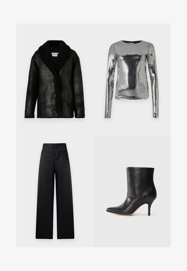 STAND STUDIO LOUISA JACKET - Winter jacket - black; Silver long-sleeve top covered in small reflective sequins, round neckline, fitted design, smooth texture, with an even shimmering surface.; Black wide-leg trousers featuring a flat front, two back pockets with buttons, and a smooth texture. Tailored design with a straight cut.; Black leather ankle boot with pointed toe, slim stiletto heel, and smooth texture. Minimalist design with no visible hardware or accents.