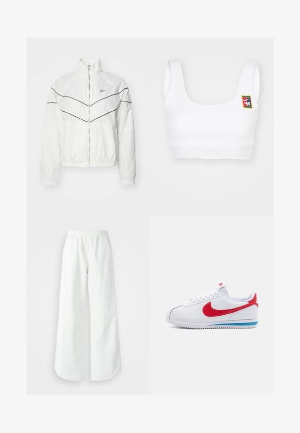 Nike Sportswear Spordijakk - sail/vintage green; Nike Sportswear YOON - Topp - white; Valged laiad spordipüksid, ribadega vöökoht ja diskreetne logosümbol. Sile kangas, lõdvestatud istuvus ja kitsenev ääreosa.; Valged tennisjalanõud punase Swooshiga, sinise aktsendiga tallal ja valgete paeltega. Tekstureeritud ülemine osa koos õmmeldud detailidega. Klassikaline disain.