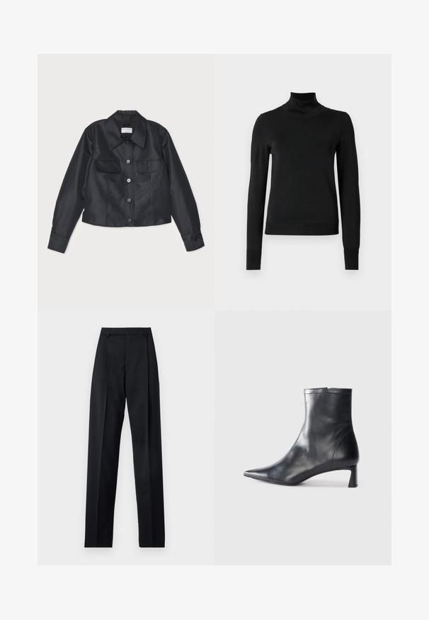 Juodas satino švarkas su apykakle, priekyje užsegamas mygtukais, dviem krūtinės kišenėmis ir ilgomis rankovėmis su mygtukais.; Juoda ilgomis rankovėmis turtleneko tipo megztinis su rebruotomis rankovėmis ir apačia, eksponuojamas ant paprasto balto fono.; Juodos kelnės iš lygaus audinio, pasižyminčios aukštu liemeniu, plačiomis kojomis, priekinėmis klostėmis ir klasikiais diržo kilpomis. Šoninių kišenių nematyti.; Juodas odinis kulkšninis batas su smailiu pirštu ir elegantišku dizainu. Turi žemą kulną ir užtrauktuką gale. Lygi tekstūra.