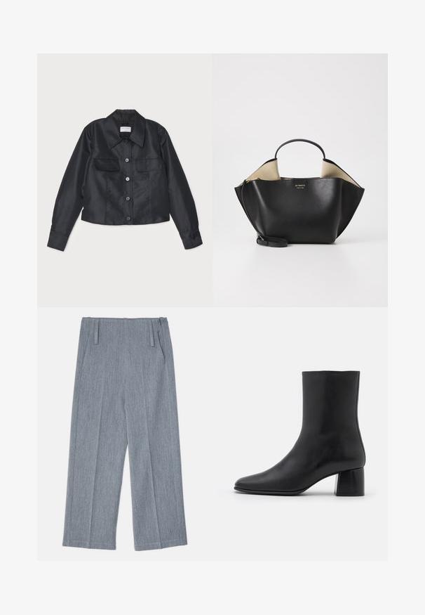 Czarna satynowa kurtka z kołnierzem, zapięciem na guziki z przodu, dwoma kieszeniami na piersiach oraz długimi rękawami z mankietami na guziki.; Czarny, długi rękaw top wykonany z miękkiego materiału, z okrągłym dekoltem i luźnym krojem z bocznymi rozcięciami u dołu, zapewniającymi swobodę ruchów.; Jasnoszare spodnie o szerokich nogawkach wykonane z teksturowanej tkaniny, z dwoma plisami z przodu i dwoma kieszeniami po bokach. Czysty, dopasowany krój.; Czarne skórzane botki za kostkę z ostrym noskiem i masywnym kwadratowym obcasem. Gładka faktura z bezszwowym designem i minimalnym przeszyciem.; Ree Projects - Torebka