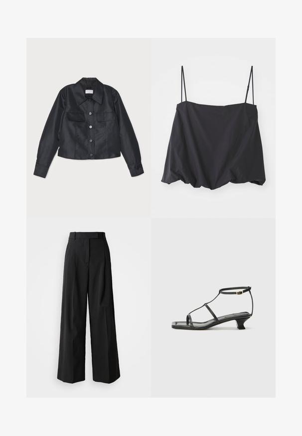 Must mustvaljak, millel on kraega kaelus, ees klappide sulgemine, kaks rinna taskut ja pikad varrukad nööbiga mansettidega.; Mustavärviline ilma varrukateta topp, millel on õhukesed rihmad, laialdane lõige ja kokku kogutud ääre. Valmistatud kergest kangast, millel on sile tekstuur.; Mustad laiad püksid, mis on valmistatud siledast kangast, kõrge vöökoht ja millel on kaks esiõmblust ning kohandatud disain.; Must värviline nahk sandaal ruudukujulise varbaga, õhukeste rihmadega, kohandatava pahkluu rihmaga ja madala kandaga. Rihmal on väike kuldne aktsent.