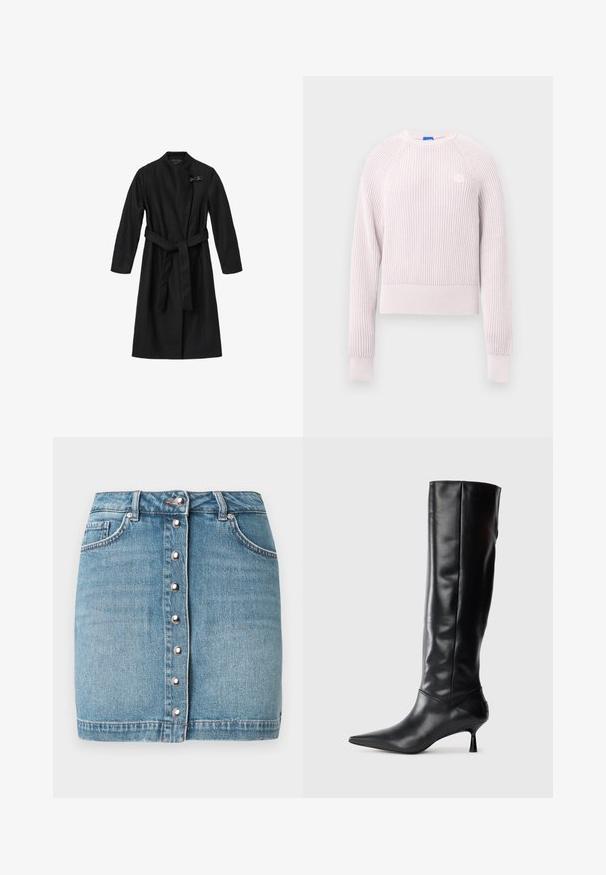 Zwarte jas gemaakt van een gladde, textuurstof. Heeft een wikkelontwerp, lange mouwen en een strikgordel in de taille. Inclusief een decoratieve sluiting.; Lichtroze cropped trui met geribbelde textuur, ronde hals en lange mouwen. Voorzien van een klein logo op de borst.; Lichtblauwe denim minirok met een voorste knoopsluiting met zilverkleurige details, twee steekzakken aan de voorkant en een rafelige zoom.; Zwarte leren kniehoge laars met een spitse neus en slanke gebogen hak. Gladde textuur, aansluitend ontwerp en geen zichtbare hardware of patronen.