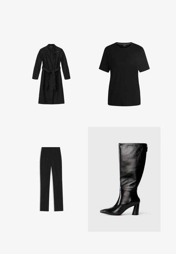 Czarny płaszcz wykonany z gładkiego, teksturowanego materiału. Posiada fason owijany, długie rękawy i paski do przewiązywania w talii. Zawiera dekoracyjny zamek.; Czarna koszulka z krótkim rękawem, wykonana z miękkiej bawełny, posiadająca okrągły dekolt i gładką fakturę. Prosty design bez wzorów czy akcentów.; Czarne spodnie o dopasowanym kroju z prostymi nogawkami, z przednimi kieszeniami i gładką, teksturowaną tkaniną. Schludne, minimalistyczne wykończenie.; Czarny skórzany but do kolan z ostro zakończonym noskiem, gładką fakturą i grubym obcasem. Posiada zamek z tyłu.
