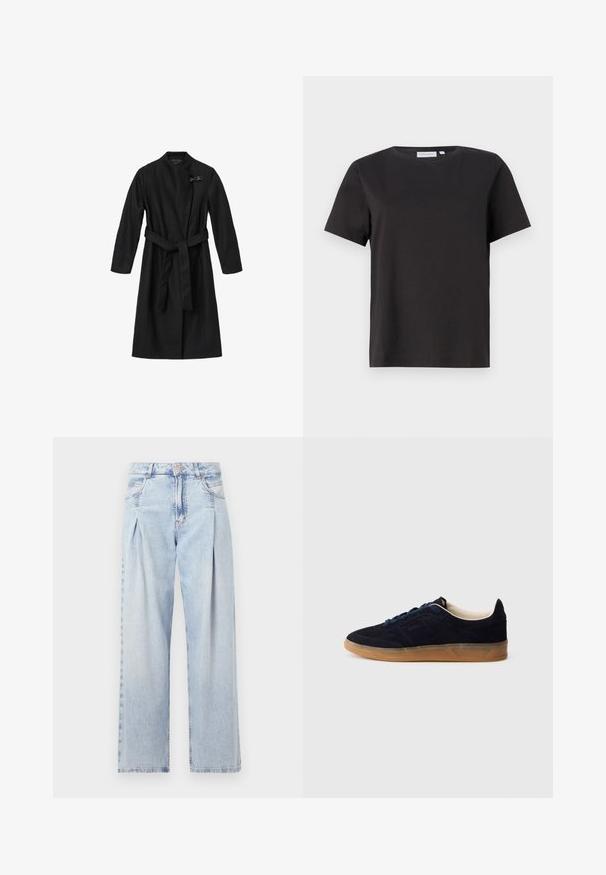 Črn plašč, izdelan iz gladkega, strukturiranega blaga. Ima ovit dizajn, dolge rokave in kravato v pasu. Vključuje dekorativno zaponko.; Črna bombažna majica s kratkimi rokavi, okroglim izrezom in preprostim, čistim dizajnom. Brez vidnih vzorcev ali okraskov.; Svjetloplave traperice visoko struka, širokog kroja, s dva bočna djepa i naboranim dizajnom. Mekana tekstura s izblijedjelim završetkom.; Temno modni semiš športni copat z gumijastim podplatom, modrimi vezalkami in minimalističnim dizajnom. Na strani je vrezan logotip in notranjost je gladka.