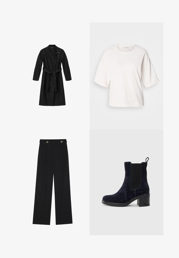 Must musträime, mis on valmistatud siledast, tekstuurilisest kangast. Omab mähisdisaini, pikki varrukaid ja vöö sidumisel vööd. Sisaldab dekoratiivset klambrit.; Valge puuvillane T-särk, millel on mugav lõige, lühikesed volditud varrukad, ümmargune kaelus ja sile tekstuur. Lihtne, minimalistlik disain.; Mustad laiad püksid kõrge vöökoha ja nööpdetailidega vööandil, esikortsudega.; Tumedat siniset nahast sääre pooled saapad elastse külgpaneeliga, ümmarguse ninaga ja blokkninaga. Tekstuuriga kangas ja siledad tallad lisavad kontrasti.