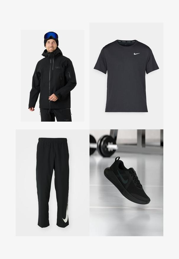 Schwarze wasserdichte Skijacke mit hohem Kragen, verstellbaren Manschetten, mehreren Reißverschlusstaschen und einem Logo auf der Brust. Einschließlich Kapuze.; Schwarzes Nike Lauft-Shirt aus leichtem, atmungsaktivem Material, mit kurzen Ärmeln und einem kleinen weißen Logo auf der Brust.; Schwarze Sporthose mit elastischem Bund und taillierter Passform, auf der linken Beinschulter befindet sich ein großes weißes Nike-Logo. Weicher, leichter Stoff.; Schwarzer Sportschuh mit strukturiertem Mesh-Obermaterial, Gummisohle und auffälligem dunklem Swoosh-Logo. Verfügt über einen gepolsterten Kragen und eine Schnürung.