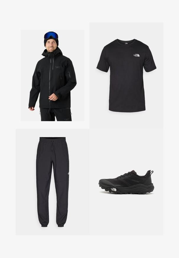 Zwarte waterdichte skijack met een hoge kraag, verstelbare manchetten, meerdere ritszakken en een logo op de borst. Inclusief een capuchon.; Zwarte T-shirt met korte mouwen van katoen, voorzien van een ronde halslijn en een klein wit logo op de bovenste linkerkant van de borst.; Zwarte sportieve broek gemaakt van lichtgewicht stof, met een trekkoord in de taille, zijzakken en taps toelopende boorden bij de enkels.; Zwarte trailrunning schoen met een gestructureerde bovenkant, rubberen zool en versterkte neus. Voorzien van een gevoerde kraag en een trekhaak voor eenvoudig aan- en uittrekken.