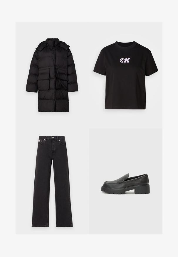 Črna puhovka z visokim ovratnikom, dvema sprednjima žepoma, zadrgo in pasom z vrvico. Material je videti lahek in izoliran.; Črn bombažni majica s krožnim izrezom in kratkimi rokavi. Na zgornjem levem delu prsnega koša se nahaja bel in roza "CK" logo.; Črne široke jeans hlače iz denima, s poudarjenim pasom, petimi žepi in kovinskim gumbom za zapiranje ter kontrastnim šivanjem.; Črne usnjene loafers čevlje z zaobljenim nosom, debelim teksturiranim podplatom in minimalnimi šivi. Elegantna zasnova brez vidnih vezalk ali kovinskih delov.
