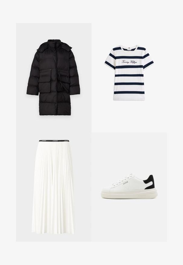 Melnā pūkainā jaka ar augstu apkakli, divām priekšējām kabatām, rāvējslēdzēja aizdari un regulējamu jostasvietu. Materiāls izskatās viegls un izolēts.; Kokvilnas T-krekls ar horizontālām tumši zilām svītrām uz balta fona. "Tommy Hilfiger" izšūts skriptā uz krūšu daļas. Cauruma apkakle.; Gari plānas baltas svārku ar melnu elastīgu jostu, uz kuras redzams "LACOSTE" logo. Vidēja garuma dizains ar mīkstu tekstūru.; Baltas ādas sporta apavi ar biezu balto zoli, melna zamša uzpura un izspiestais logotips sānos. Šņorējuma dizains ar sešiem acu caurumiem.