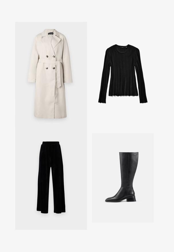 Bež kišni kaput s dvostrukim gumbima sprijeda, širokim ovratnikom i pojasom oko struka. Ima dugačke rukave i ravni rub.; Crni dugi rukav majica izrađena od rebrastog materijala. Ima okrugli izrez i teksturirani dizajn s rasplinutim rukavima. Lagani i prilagođeni stil.; Crne široke hlače od mekanog velura, s elastičnim pojasom i glatkom teksturom, bez vidljivih detalja ili uzoraka.; Crna čizmica od kože do koljena s okruglim vrhom i niskom blok-petom. Ima glatku teksturu i minimalne detalje šivanja.
