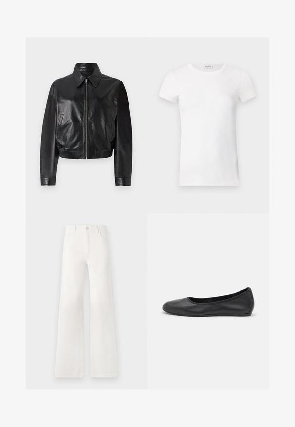 Black leather bomber jacket with a front zipper, pointed collar, and ribbed cuffs. Features side pockets and a cropped design.; White ribbed short-sleeve T-shirt with a crew neck. The fabric appears smooth with a fitted silhouette. Branding label visible at the collar.; White, high-waisted wide-leg jeans made of denim. Features a button closure, two front pockets, and side seams with stitching details.; Black leather ballet flat with a rounded toe, smooth texture, minimal stitching detail, and a flexible sole design.