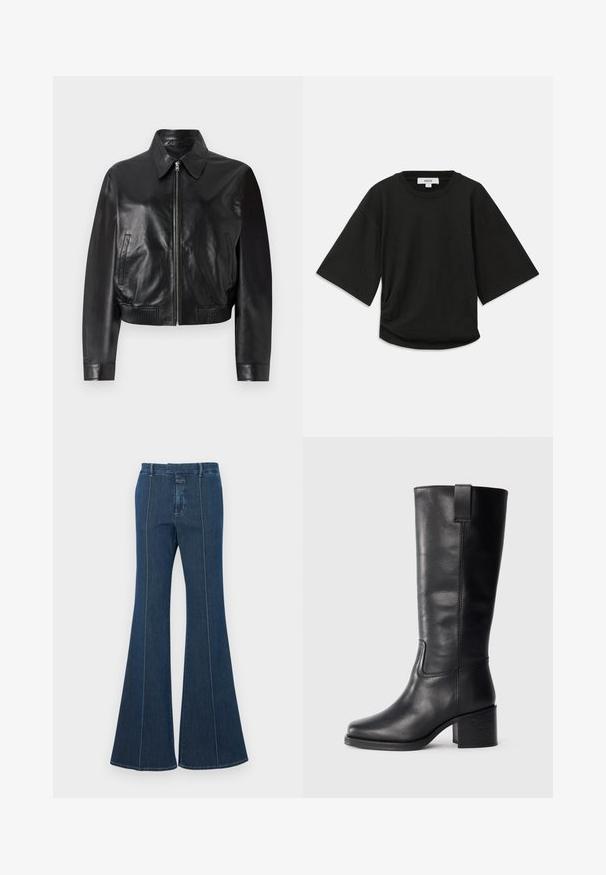 Juodas odinis bombonešis su priekiniais užtrauktukais, smailiu apykakle ir raukšlėtais rankogaliais. Yra šoninės kišenės ir trumpas dizainas.; Juodas trumpomis rankovėmis marškinėliai, pagaminti iš švelnaus medvilnės, su apskritu kaklu ir laisvu siluetu, su subtiliu surinkimu šone.; Tamsiai mėlynos spalvos džinsiniai platėjančios kelnės, turinčios struktūruotas siūles ir švarų apdailą. Su vidutinio aukščio juosmeniu ir plačiomis, laisvai krentančiomis kojomis.; Juodos odinės iki kelių siekiančios botai su lygiu paviršiumi, kvadratiniu pirštu, storu kulnu ir šoniniu kilputė, su minimaliais siuvimo akcentais.