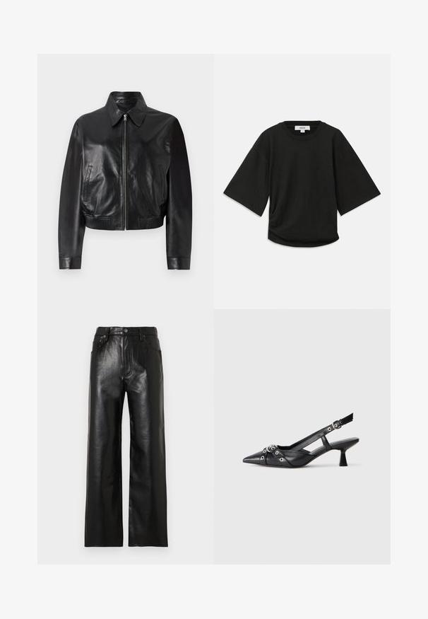 Čierna kožená bomber bunda s predným zipsom, špicatým golierom a rebrovanými manžetami. Obsahuje bočné vrecká a skrátený strih.; Čierne tričko s krátkym rukávom vyrobené z mäkkej bavlny, s okrúhlym výstrihom a voľným strihom s jemným zberaním na boku.; Čierne široké kožené nohavice s lesklým povrchom, ktoré majú predné vrecká, zips a zapínanie na gombík. Celková hladká textúra.; Čierne kožené slingback topánky s špicatou špičkou, ozdobnými popruhmi s kovovými očkami a nízkym blokovým podpätkom. Textúrovaný povrch.