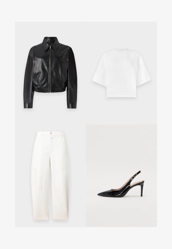 Čierna kožená bomber bunda s predným zipsom, špicatým golierom a rebrovanými manžetami. Obsahuje bočné vrecká a skrátený strih.; Biele skrátené tričko z bavlny, s krátkymi rukávmi, okrúhlym výstrihom a minimálnymi švovými detailmi. Hladká textúra.; CLOSED RHANNON - Široké nohavice - ivory; Čierne lakované kožené slingback lodičky s špicatou špičkou, štíhlým podpätkom a jemným výrezom. Obsahuje zlatú pracku na remienku.