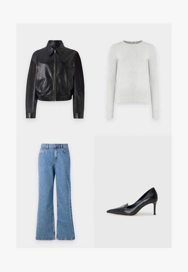 Schwarze Leder-Bomberjacke mit einem Frontreißverschluss, spitzem Kragen und gerippten Bündchen. Verfügt über Seitentaschen und ein cropped Design.; Langärmliges graues geripptes Strickoberteil, runder Halsausschnitt, figurbetonte Silhouette, glatte Textur, ohne sichtbare Logos oder Verzierungen.; Hellblaue Denim-Jeans mit weitem Bein und hoher Taille, mit Knopf- und Reißverschluss, vorderen Taschen und einem verwaschenen Look.; Schwarzer Lederpumps mit spitzer Zehe, niedrigem Vamp und dekorativem goldenen Akzent. Verfügt über einen Stiletto-Absatz und eine glatte Textur.