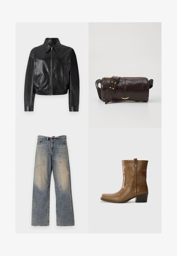 Zwarte leren bomberjack met een ritssluiting aan de voorkant, puntige kraag en geribde manchetten. Voorzien van zijzakken en een cropped ontwerp.; Grijze langemouwen ribgebreide top, ronde halslijn, getailleerde pasvorm, gladde textuur, zonder zichtbare logo's of versieringen.; Lichtblauwe denim jeans met een losse, recht gesneden pasvorm. Voorzien van slijtageplekken, vervaging en distressed details bij de knieën. Klassiek five-pocket ontwerp.; Bruine lederen enkelboot met een vierkante neus, gestructureerde afwerking en een lage blokhak. Voorzien van een handige achterste lus en subtiele stikdetails.; Bruine krokodil-embosserende leren tas met een cilindervorm, gouden hardware en een afneembare schouderband met studs.
