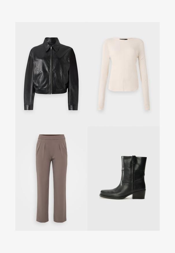 Sort læder bomberjakke med frontlynlås, spids krave og ribbede manchetter. Har sidelommer og et cropped design.; Langærmet, lys beige top med rund halsudskæring. Lavet af blødt stof, har en central søm og let buet kant. Der er ingen synlige metaldele.; Taupe løs-fit bukser med elastisk talje og frontfald, lavet af glat stof.; Sort læder ankelstøvle med rundt tå, blokhæl, lynlås i siden og stikninger på vampsiden. Glat tekstur, klassisk design.