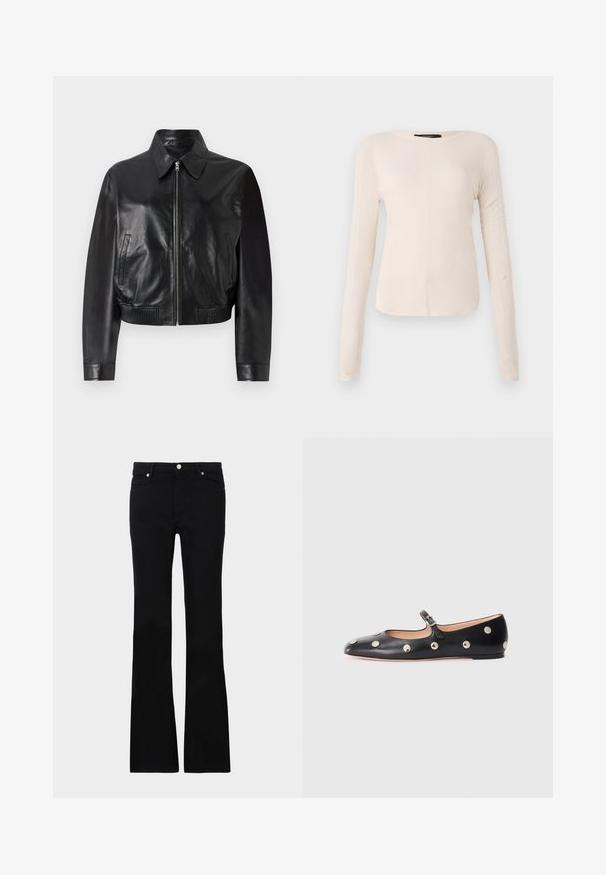 Fekete bőrbomber dzseki elülső cipzárral, hegyes gallérral és bordázott mandzsettával. Oldalsó zsebekkel és rövidített kialakítással rendelkezik.; Hosszú ujjú, világos bézs blúz kerek nyakkivágással. Puha anyagból készült, középső varrással és enyhén ívelt szegéllyel rendelkezik. Nincs rajta látható fémrész.; Fekete, bővülő szárú farmernadrág, két elülső zsebből áll, gombos záródással és sima textúrával rendelkezik. A varrásoknál látható a jellegzetes öltés.; Fekete bőr Mary Jane lapossarkú cipő, lekerekített orral, ezüst színű kör alakú szegecsekkel és állítható pánttal, csattal.