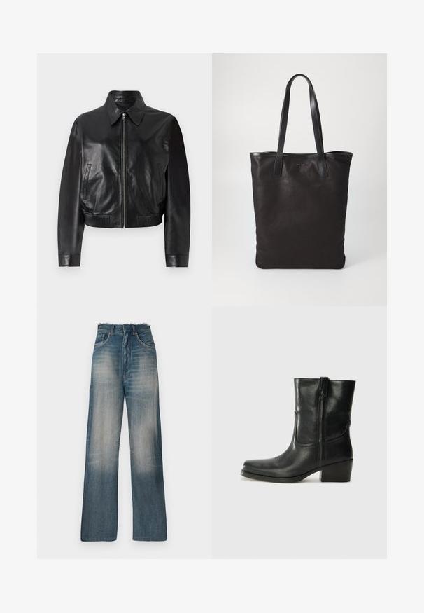 Sort læder bomberjakke med frontlynlås, spids krave og ribbede manchetter. Har sidelommer og et cropped design.; Sort tanktop med tynde spaghetti-stropper, lavet af et ribbet stof, med en lige skæring og et mærke ved halsudskæringen, der står "IVY OAK."; Løs pasform denimjeans i medium blå, med en falmet vask, frynset kant og kontrastsyninger. Fem-lomme design med høj talje.; Sort læder ankelstøvle med rundt tå, blokhæl, lynlås i siden og stikninger på vampsiden. Glat tekstur, klassisk design.; Sort lærred tote taske med sorte læderhåndtag. Simpelt design, rummelig krop og en glat overflade. Ingen synlige logoer eller mønstre.