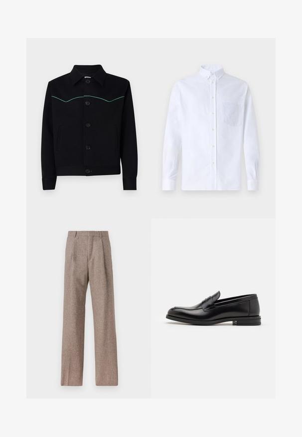 Giacca nera realizzata in tessuto liscio, con collo alla coreana, cuciture turchesi sul petto e chiusura con bottoni frontali.; Camicia bianca a maniche lunghe con bottoni, realizzata in cotone, caratterizzata da una tasca sul petto con ricamo tonale, colletto e polsini con bottoni.; Pantaloni marroni a vita alta realizzati in tessuto testurizzato. Presentano gambe ampie e due pieghe frontali per struttura. Rifinitura curata senza hardware visibile.; Mocassini neri in pelle con una texture liscia, punta arrotondata e una striscia decorativa sulla tomaia. Tacco basso impilato, design minimalista.