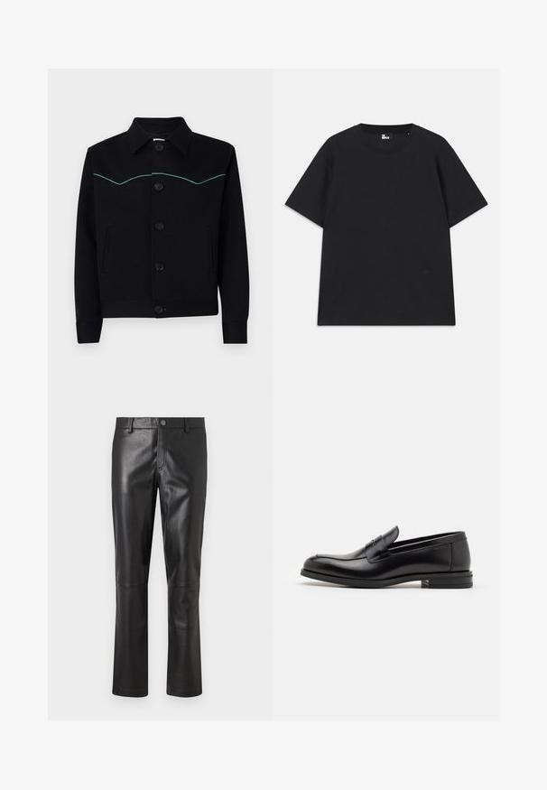 Zwarte jas van soepel materiaal, met een kraaghalslijn, turquoisekleurige stiksels over de borst en knoopsluitingen aan de voorkant.; Zwart kortebril T-shirt van katoen, met een ronde hals en een klein logo detail near de zoom. Gladde textuur, normale pasvorm.; Zwarte leren broeken met een gladde textuur, recht model en subtiele stiksel langs de naden. Voorzien van een knoopsluiting in de taille.; Zwarte leren instappers met een gladde textuur, ronde neus en een decoratieve band over de wreef. Lage, gestapelde hak en minimalistisch ontwerp.