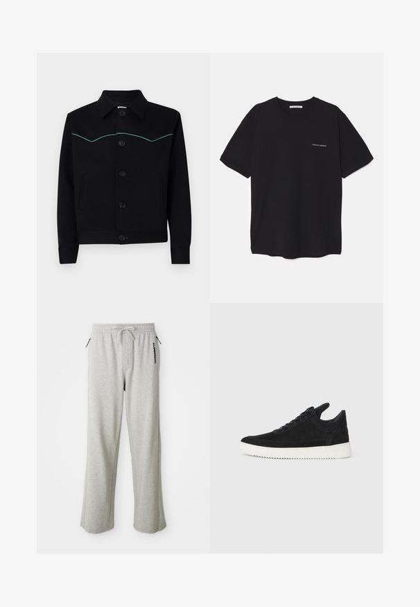 Juodas švarkas iš lygaus audinio, su apykakle, turkio spalvos siūlėmis per krūtinę ir priekyje užsegimais mygtukais.; Juoda medvilninė marškinėlė su apykakle, trumpomis rankovėmis ir baltu logotipu kairėje krūtinės pusėje. Paprastas, vientisas spalvų dizainas.; Pilkos sportinės kelnės, pagamintos iš minkštos medžiagos, su raišteliu juosmens, šoninėmis kišenėmis ir spaudiniu logo kairėje kojoje.; Juodų suede sportbačių su balta gumine padu, su toniniais siuvinėjimais ir raištelių užsegimu. Sklandus paviršius su šiuolaikine, laiko forma.