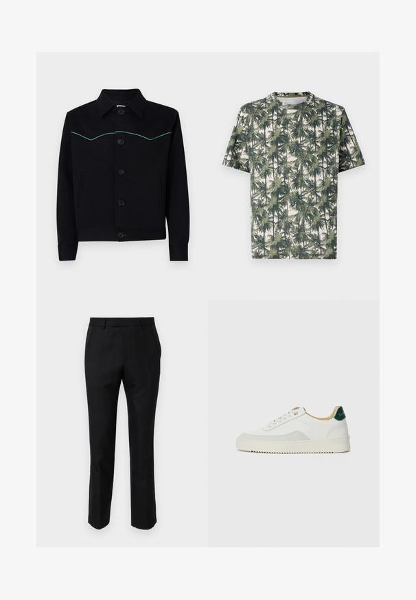 Czarna kurtka z gładkiego materiału, z kołnierzowym dekoltem, turkusowymi przeszyciami na klatce piersiowej oraz zapięciami na guziki z przodu.; Koszulka z krótkim rękawem z miękkiego materiału z nadrukiem palm. Dominujące kolory to zieleń i beż, z luźnym krojem i okrągłym dekoltem.; Czarne eleganckie spodnie o dopasowanym kroju, z bocznymi kieszeniami i gładką teksturą. Krawędzie wykończone są czystym szwem.; Białe trampki z zamszowymi akcentami, zaokrąglony czubek, płaskie sznurowadła i kremowa gumowa podeszwa. Posiadają zielone logo na pięcie.